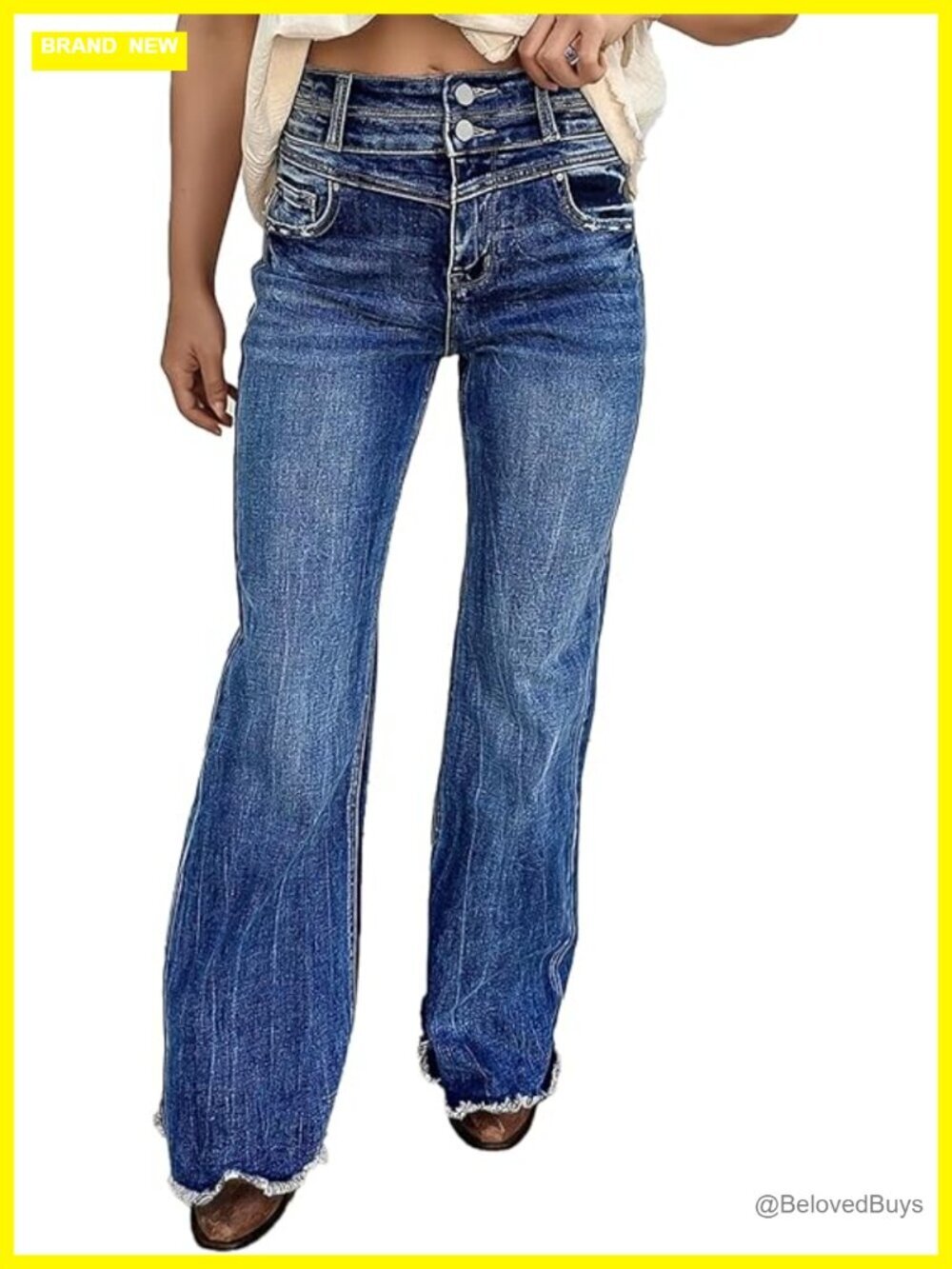 High Rise Vintage Straight-Seam Flare Raw Hem Button Jeans